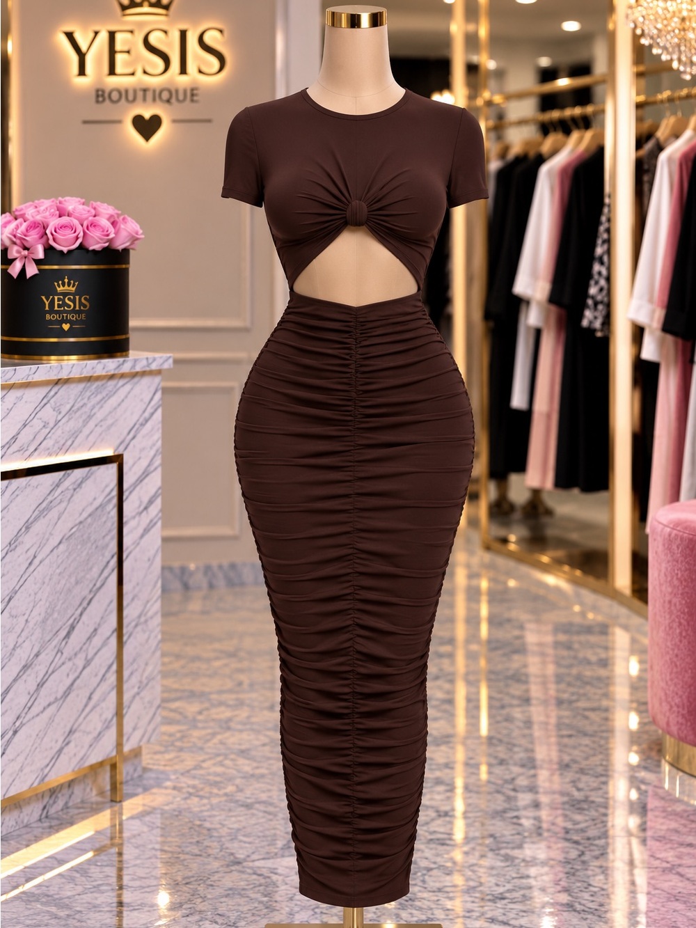 Chic Brown Ruched midi dress